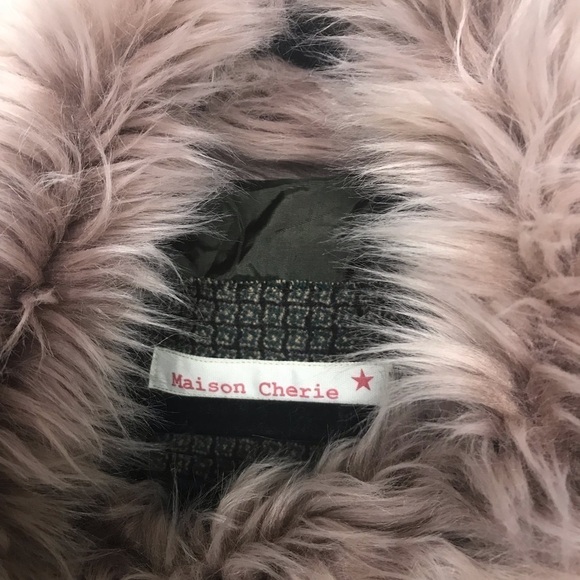 Maison Cherie Green Black 100% Wool Geo Print Coat With Fur Collar - Picture 5 of 11